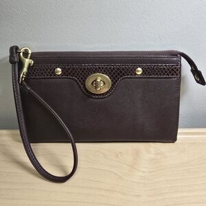 COACH Penelope Mahoghany Brown Leather Wallet Clutch Wristlet Turnlock Snakeskin